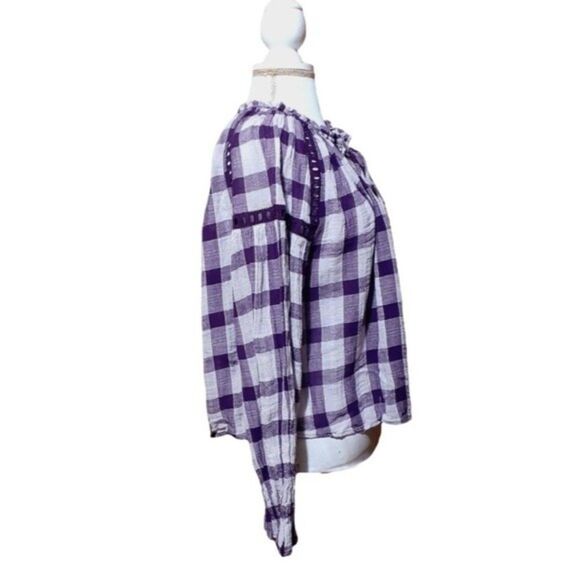 Free People Honey Grove Plaid Purple Plum Long Sleeves Tassel Boho Peasant Top S - Picture 5 of 8
